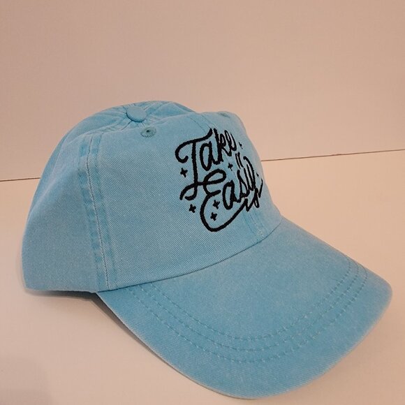 Take It Easy Curved Bill Mesh Embroidered Snapback Washed Denim Blue Green Cap - Picture 4 of 5